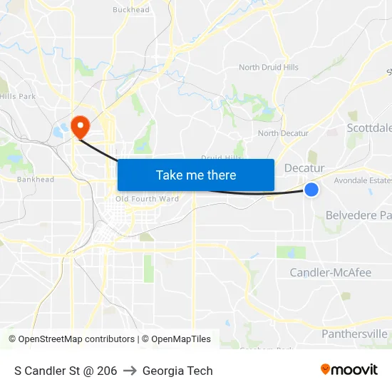S Candler St @ 206 to Georgia Tech map