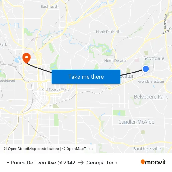 E Ponce De Leon Ave @ 2942 to Georgia Tech map
