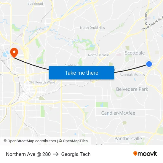 Northern Ave @ 280 to Georgia Tech map