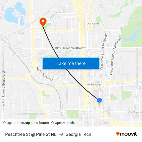 Peachtree St @ Pine St NE to Georgia Tech map