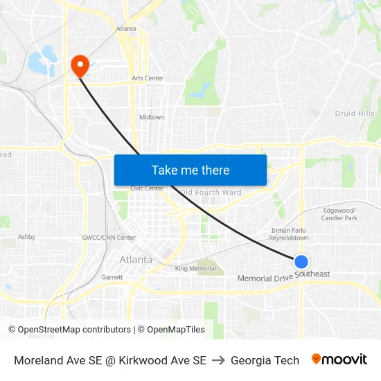Moreland Ave SE @ Kirkwood Ave SE to Georgia Tech map