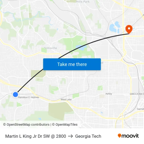 Martin L King Jr Dr SW @ 2800 to Georgia Tech map