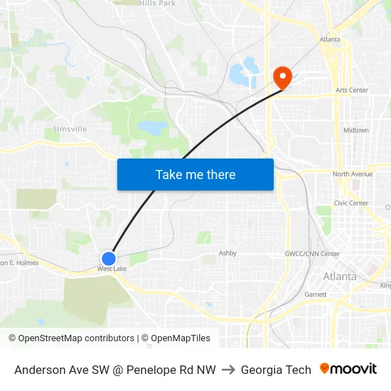 Anderson Ave SW @ Penelope Rd NW to Georgia Tech map