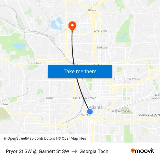 Pryor St SW @ Garnett St SW to Georgia Tech map