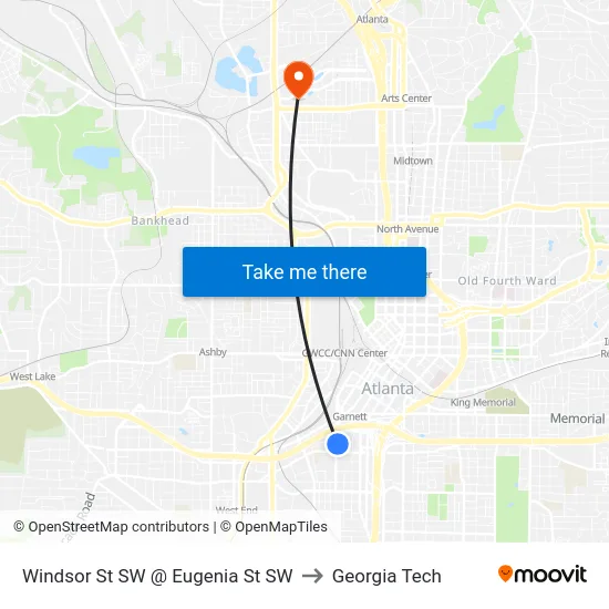 Windsor St SW @ Eugenia St SW to Georgia Tech map