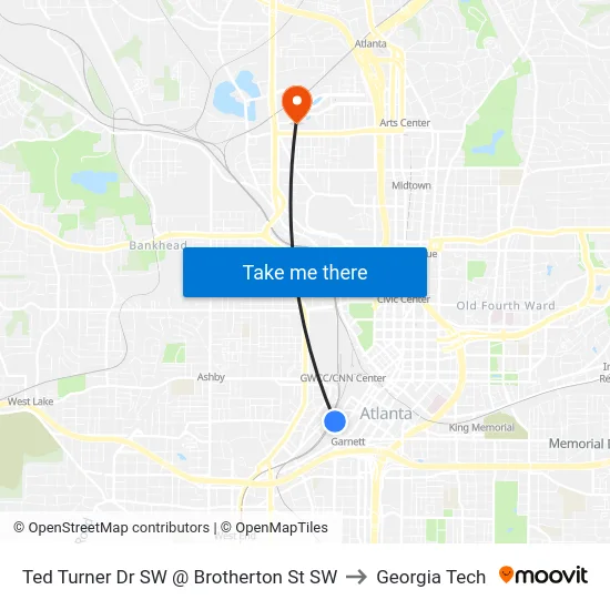 Ted Turner Dr SW @ Brotherton St SW to Georgia Tech map