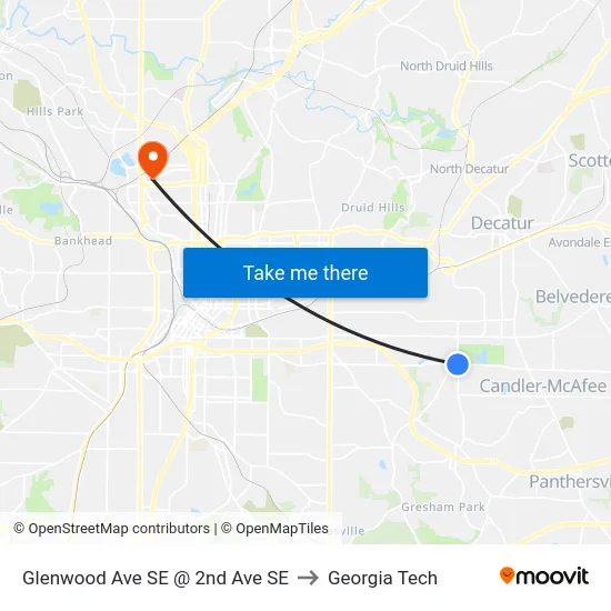 Glenwood Ave SE @ 2nd Ave SE to Georgia Tech map