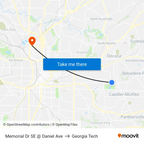 Memorial Dr SE @ Daniel Ave to Georgia Tech map
