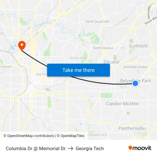 Columbia Dr @ Memorial Dr to Georgia Tech map