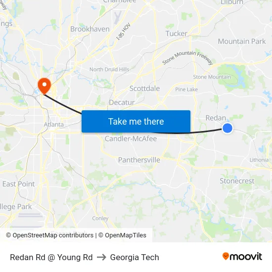 Redan Rd @ Young Rd to Georgia Tech map