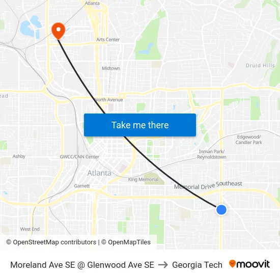 Moreland Ave SE @ Glenwood Ave SE to Georgia Tech map