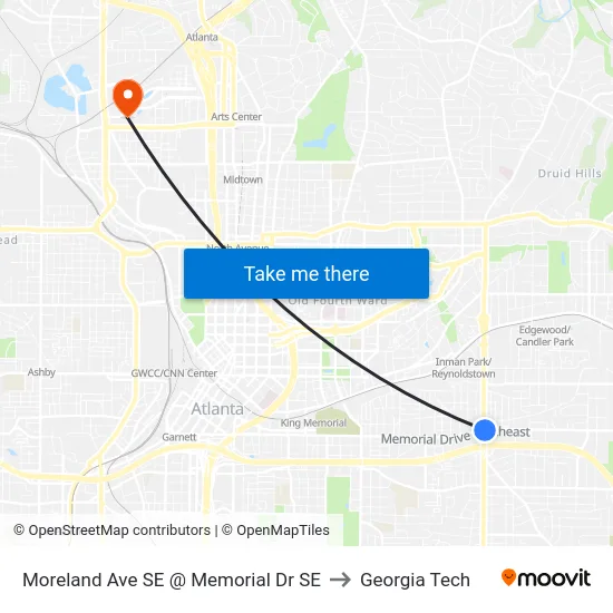 Moreland Ave SE @ Memorial Dr SE to Georgia Tech map