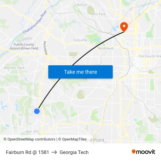 Fairburn Rd @ 1581 to Georgia Tech map