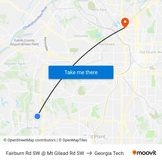 Fairburn Rd SW @ Mt Gilead Rd SW to Georgia Tech map