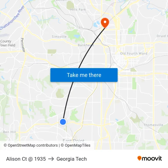 Alison Ct @ 1935 to Georgia Tech map