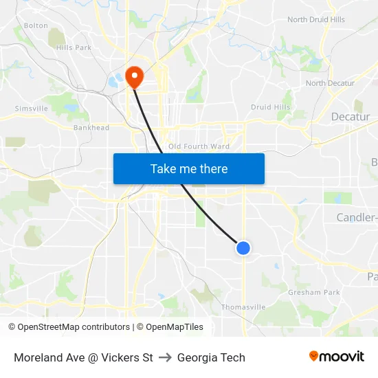 Moreland Ave @ Vickers St to Georgia Tech map