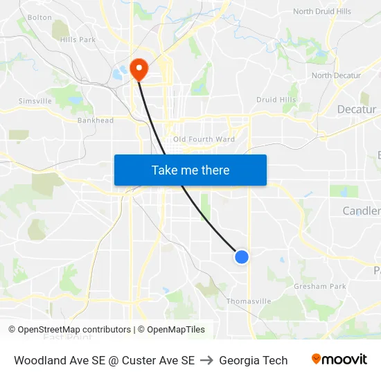 Woodland Ave SE @ Custer Ave SE to Georgia Tech map
