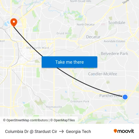 Columbia Dr @ Stardust Cir to Georgia Tech map