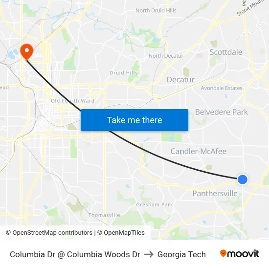 Columbia Dr @ Columbia Woods Dr to Georgia Tech map