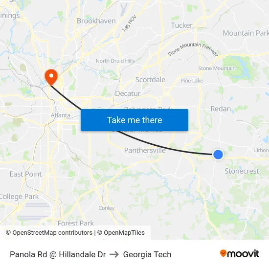 Panola Rd @ Hillandale Dr to Georgia Tech map