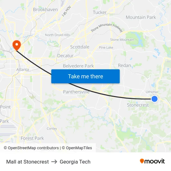 Mall at Stonecrest to Georgia Tech map