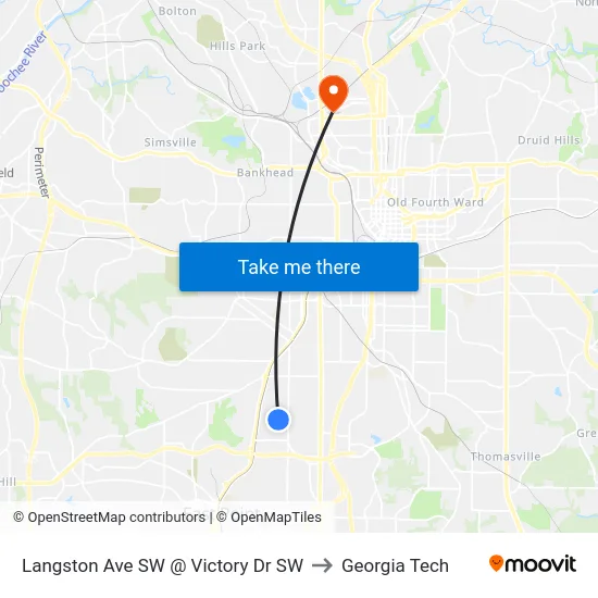 Langston Ave SW @ Victory Dr SW to Georgia Tech map