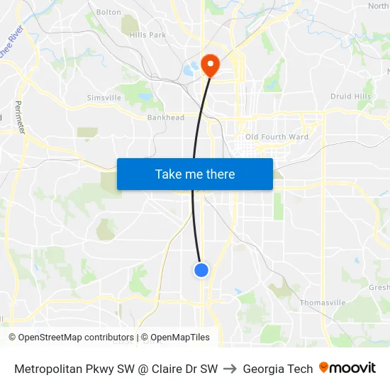 Metropolitan Pkwy SW @ Claire Dr SW to Georgia Tech map