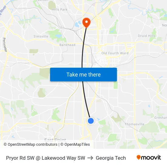 Pryor Rd SW @ Lakewood Way SW to Georgia Tech map