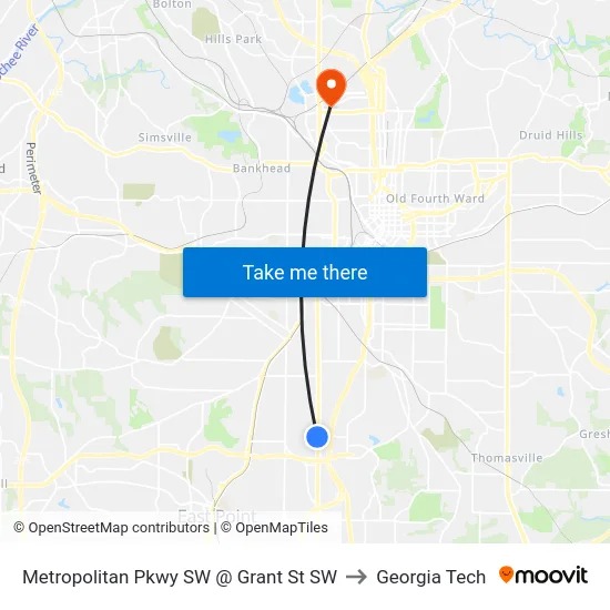Metropolitan Pkwy SW @ Grant St SW to Georgia Tech map