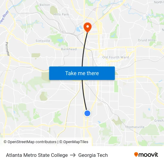 Atlanta Metro State College to Georgia Tech map