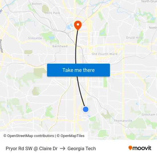 Pryor Rd SW @ Claire Dr to Georgia Tech map