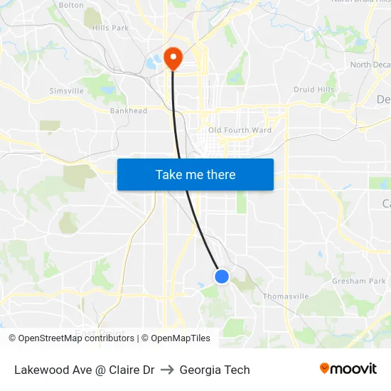 Lakewood Ave @ Claire Dr to Georgia Tech map