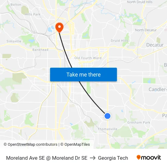 Moreland Ave SE @ Moreland Dr SE to Georgia Tech map