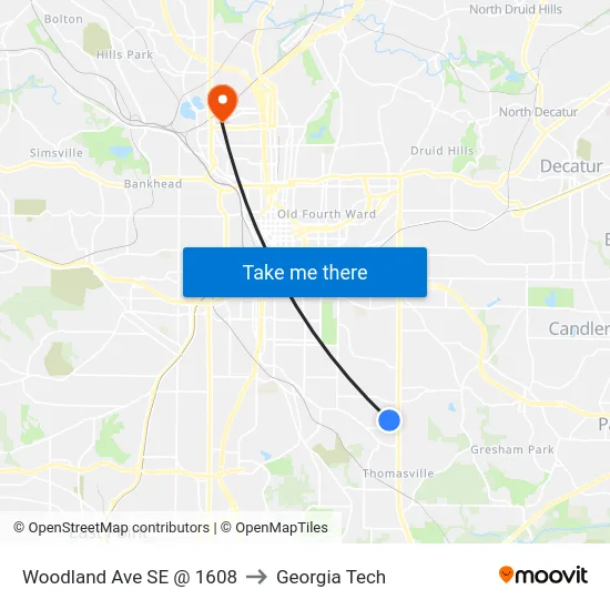 Woodland Ave SE @ 1608 to Georgia Tech map