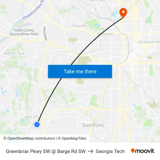 Greenbriar Pkwy SW @ Barge Rd SW to Georgia Tech map