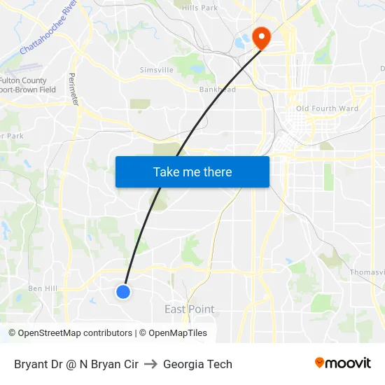 Bryant Dr @ N Bryan Cir to Georgia Tech map