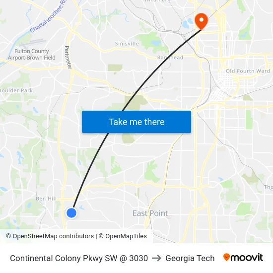 Continental Colony Pkwy SW @ 3030 to Georgia Tech map