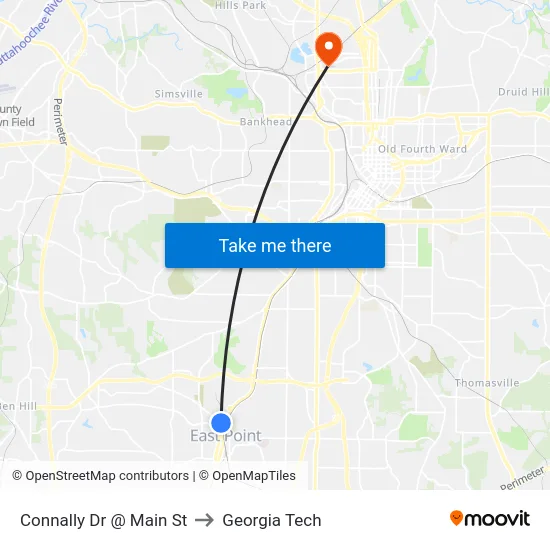 Connally Dr @ Main St to Georgia Tech map