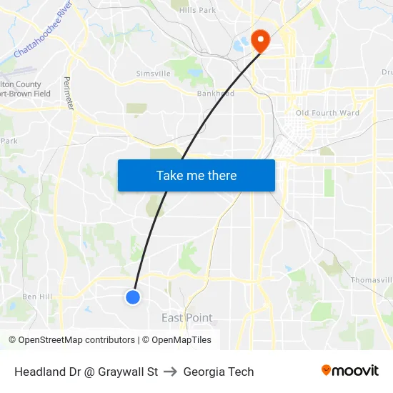 Headland Dr @ Graywall St to Georgia Tech map