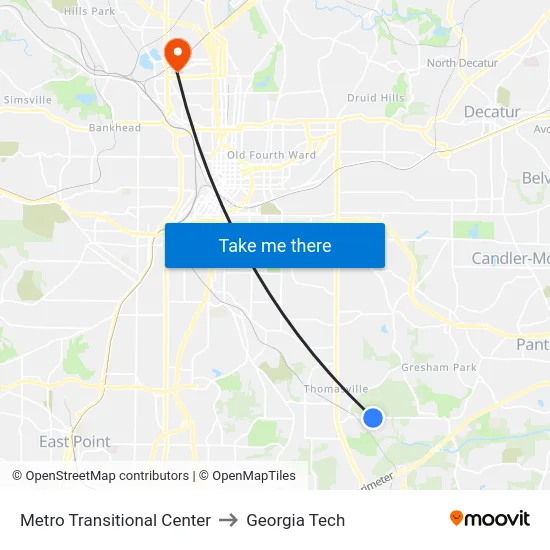 Metro Transitional Center to Georgia Tech map
