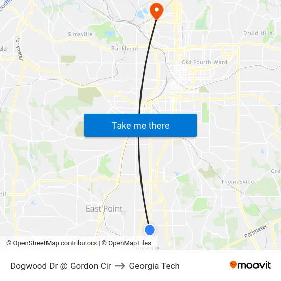 Dogwood Dr @ Gordon Cir to Georgia Tech map