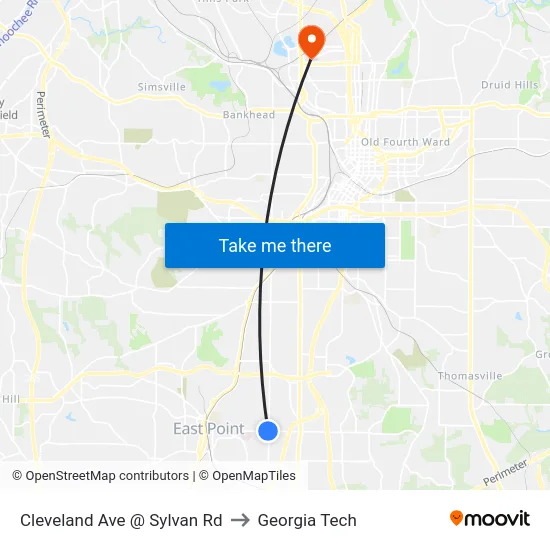 Cleveland Ave @ Sylvan Rd to Georgia Tech map