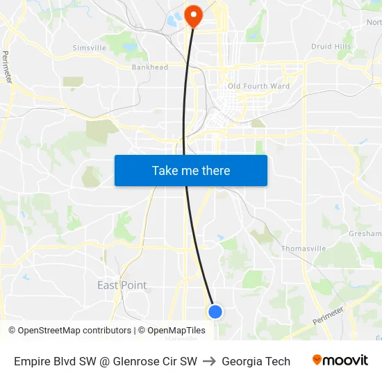 Empire Blvd SW @ Glenrose Cir SW to Georgia Tech map