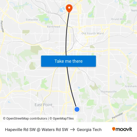 Hapeville Rd SW @ Waters Rd SW to Georgia Tech map