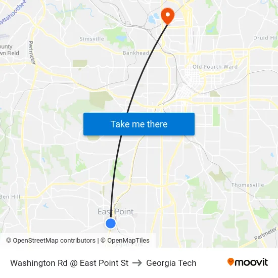 Washington Rd @ East Point St to Georgia Tech map