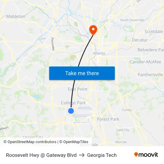Roosevelt Hwy @ Gateway Blvd to Georgia Tech map