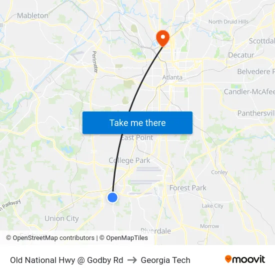 Old National Hwy @ Godby Rd to Georgia Tech map