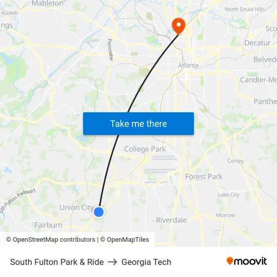 South Fulton Park & Ride to Georgia Tech map