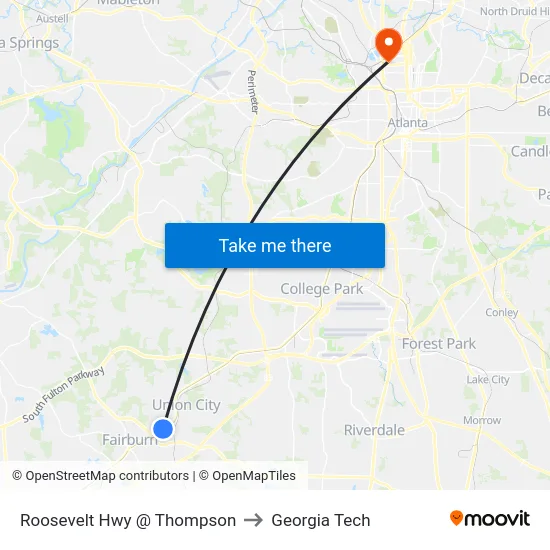 Roosevelt Hwy @ Thompson to Georgia Tech map