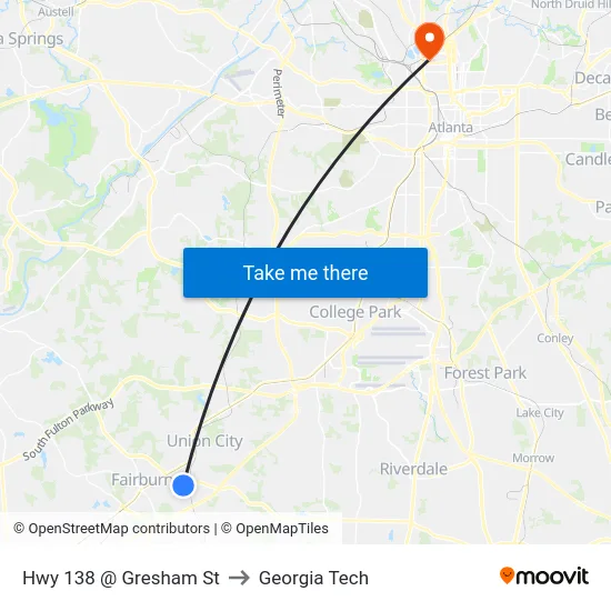 Hwy 138 @ Gresham St to Georgia Tech map